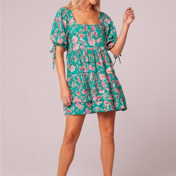 BOG Collective Tops - [L]Band Of Gypsie Collective Floral Green Women's Tiered Dress Squared Neck